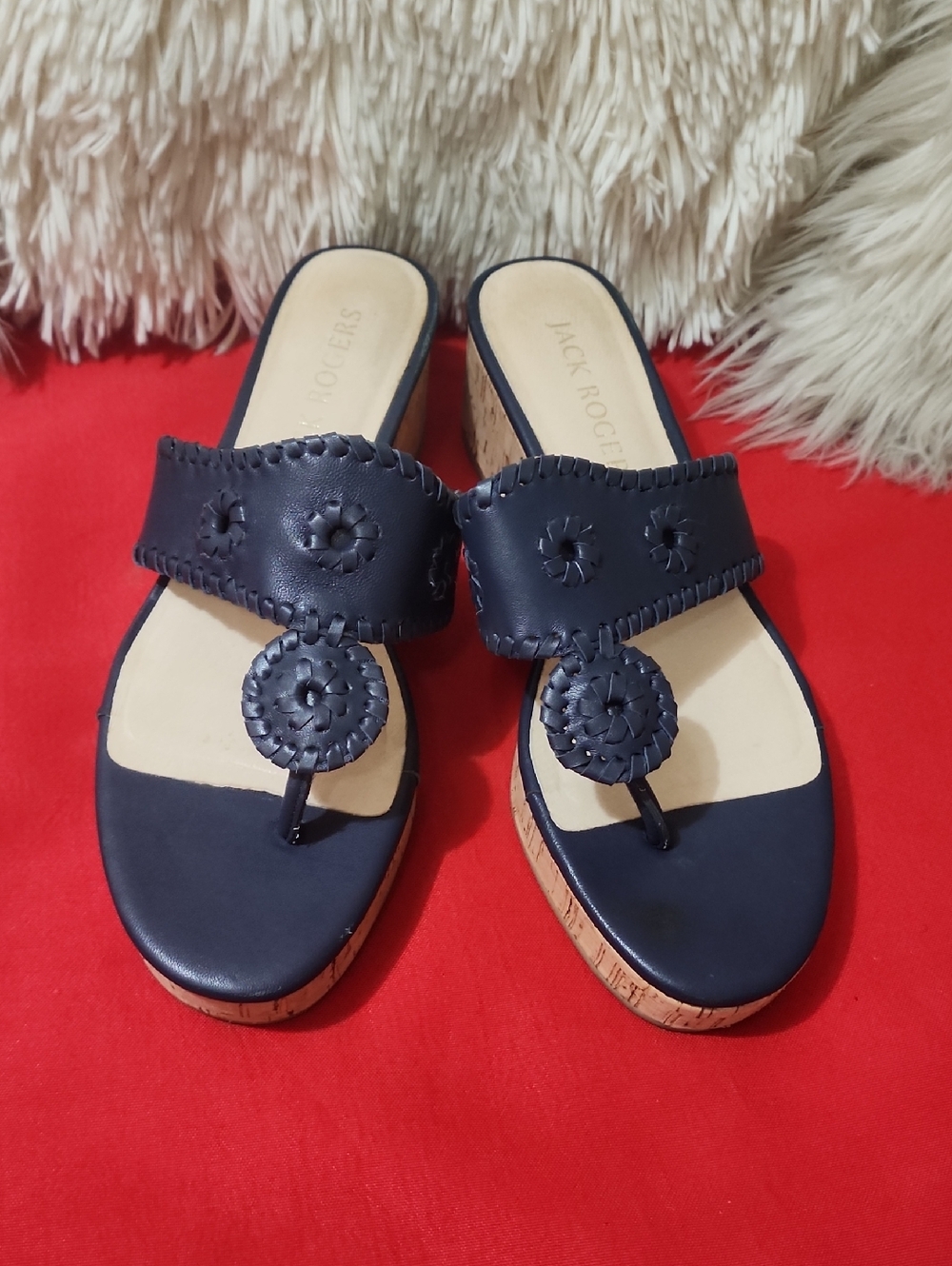 Jack Rogers Navy Leather Cork-Platform Thong Sandals
